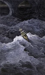 Boat in the middle of the sea. Illustration of the novel by Samuel Taylor Coleridge "Rime of the Ancient Mariner". Colour engraving after an illustration by Gustave Dore
