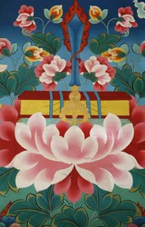Lotus flower, sword of knowledge and sacred text, Kopan monastery, Kathmandu, Nepal