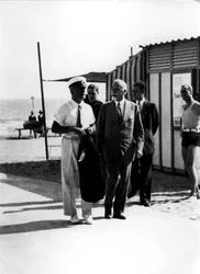 Mostra del Cinema 1930s: The Duce Benito Mussolini at Lido with Count Giuseppe Volpi di Misurata - Venice