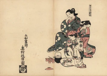 Miasma, with Three Courtesans in the Pleasure Quarters of Yoshiwara. Woodblock Print by Masanobu Okumura from Fuzoku Emakimono, Picture Scroll of the Water Trade, Tokyo, Reprint Circa 1880