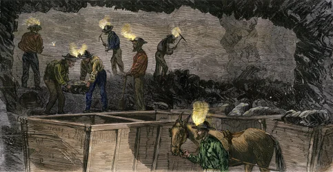 Miners Digging the Mine and Loading the Coal into Small Cars Fired by Mules in Pennsylvania, Coloured Engraving from 1860