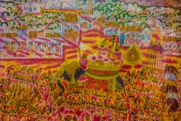 Miniature painting from the fort in Jodpur, Holi festival, Mandawa, Rajasthan, India, Asia