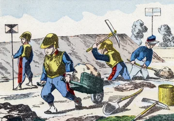 Minors. Engraving in "Alphabet militaire enfantin". Imagery of Pont-a-Mousson, circa 1890