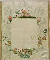 Mirror frame, unfinished embroidery in coloured silks, mid-17th century