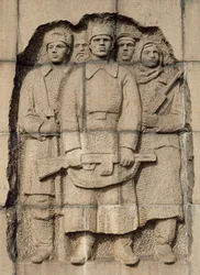 Monument to resistance of Russian people during 900-day German siege of city of Leningrad, Pskarevski Cemetery, relief, St Petersburg, Russia, 20th century