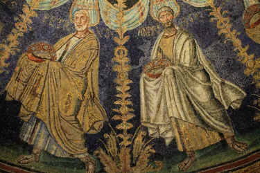 Mosaic of the ceiling of the Baptistery of Neon. Detail of the procession of the twelve apostles proceeding around the center mosaic in two directions, ending with Saint Peter meeting Saint Paul. 5th Century, Ravenna, Italy. UNESCO