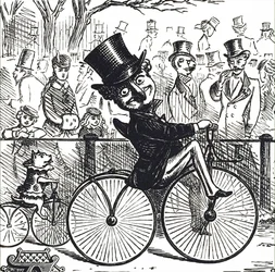 Mr Punch and Dog Toby riding boneshakers