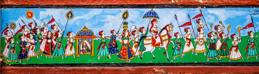 Mural painting in the old town of Bundi, Bundi, Rajasthan, India, Asia
