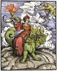 The Great Prostitute of Babylon riding the dragon with 7 heads (Colourful engraving from the New Testament)
