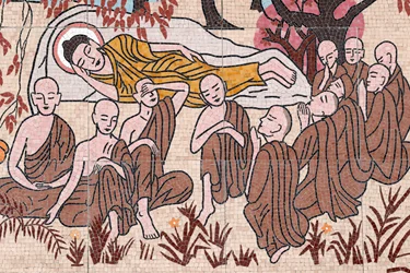 Ong Nui Buddhist pagoda, Wall fresco, The life of the Buddha, After 45 years of teaching the Dharma, the Buddha passed into Parinirvana, Quy Nhon, Vietnam, 2019