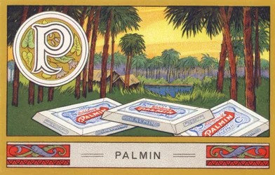 P: Palmin - Alphabet Palmin. Series of chromolithographs published by H. Schlinck & Co, Hamburg. Advertisement for Palmin finest coconut fat. Dimensions: 7 x 11 cm