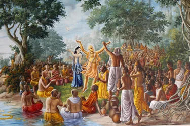 Painting at Bhaktivedanta Manor Depicting Lord Caitanya, Lord Nityananda and Their Followers on the Banks of the River Ganges