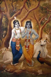 Painting depicting Hindu god Krishna standing next to his brother Balaram, India