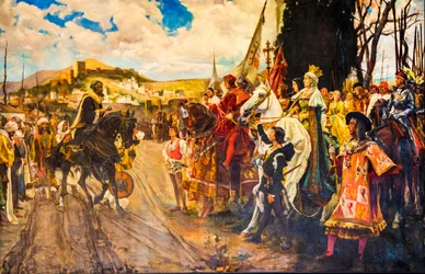 Painting of the Moors handing over the keys to King Isabella, Capilla Real Tomb Chapel of the Catholic Monarchs Isabella I and Ferdinand II, Granada, Andalusia, Spain, Europe