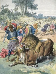 Pepin the Brief fighting a lion and a bull on the Champ de Mars to prove his courage (751)