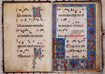 Piccolomini Library: choir book, cod. 8-H, ff. 1v-2r with 