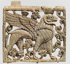 Plaque depicting a ram headed Sphinx, Nimrud, Mesopotamia