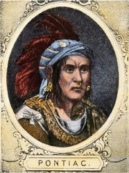Portrait of Pontiac (or Obwandiyag, ca. 1714-1769), chief of the Indian tribe of the Outaouais Indians of Detroit (Ottawa Nation). Colour engraving from the 19th century.