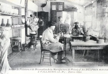 Postcard depicting artisans at work making Delphin Massier art pottery in Vallauris