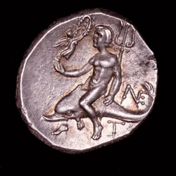 Rare Ancient Greek Coin, Calabria, Tarentum, Taras riding a dolphin holding a trident, Nike above with a Wreath Crown