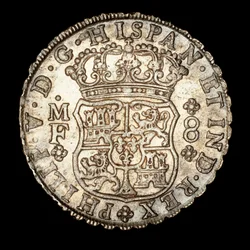 Rare Silver Coin, Spanish America King Ferdinand VI, 8 Reale, Crowned Shield with Spanish Arms (1740)