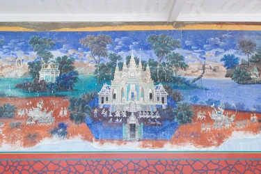 Reamker frescoes adorning the walls of the royal palace complex in Phnom Penh, Cambodia