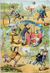 Recreation in the school yard. Engraving in "Alphabet des petits ecoliers". Imaging of Epinal, circa 1885