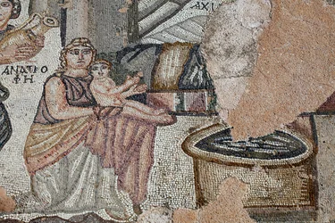 Representation of the newly born Achilles with his nurse Anatrophe and Ambrosia (detail)