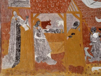 Romanesque art: Frescoes of the funeral chapel Sainte Catherine de Jouhet, France. Nativity