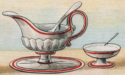 Sauce and sugar bowl. Engraving in "Alphabet de ma petite fille". Bernardin-Bechet and Fils, bookseller-publishers, Paris, around 1895