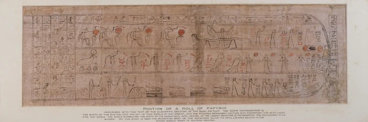 Section of papyrus inscribed with cursive hieroglyphs with the text of the eleventh section of the Book of Amtuat describing the birth of the sun-god into the sky at day-break, found in the plinth of a wooden Ptah-Sokar-Osiris figure