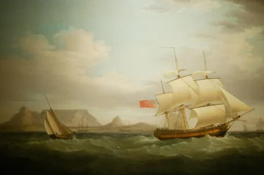 Ship in front of Cape Town in South Africa. National Museum of Culture, Pretoria, South Africa