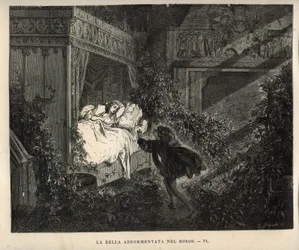 Sleeping beauty: the prince discovers the sleeping princess for a hundred years. Engraving by Gustave Dore from 