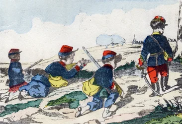 Snipers. Engraving in "Alphabet militaire enfantin". Imagery of Pont-a-Mousson, circa 1890