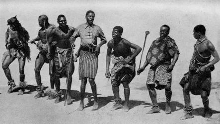 South Africa. Light-hearted Kaffir boys indulging in a concerted song and dance. 1920