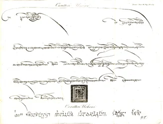 Specimens of the Uminn and Uchen Characters in the Language of Tibet. Illustration by Lieutenant Samuel Davis From Captain Samuel Turner