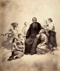 St. Benedict Enthroned Surrounded by Youth with Bundles of Wheat and Baskets of Fruit (Illustration of Canto XXXII in Paradiso of The Divine Comedy by Dante Alighieri)