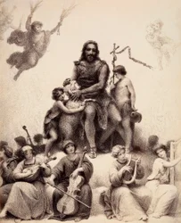 St. John the Baptist sits, surrounded by musician angels, and caresses a lamb on its head. Illustration of Canto XXXII in Paradiso of The Divine Comedy by Dante Alighieri. Work of Francesco Scaramuzza dedicated to the Municipality of Florence.