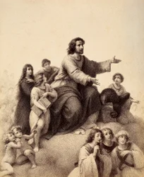 St. John the Evangelist with outstretched arms is surrounded by youth and angels; at his feet an eagle has in its talons the Gospel; a youth, to the right of the saint, holds the book of the Apocalypse (The Book of Revelation). Illustration of Canto XXXI