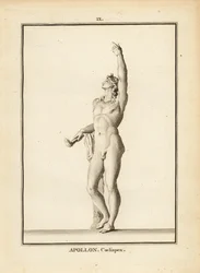 Statue of Apollo Coelispex, looking at the sky, nude, with flaming torch
