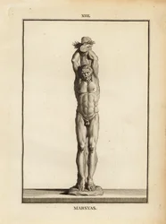 Statue of the satyr Marsyas receiving Apollo
