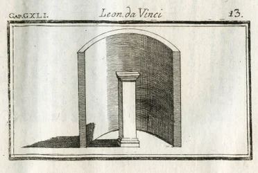 Studies on backgrounds, shadows and lights. “The illuminated parts should be in dark fields, and the dark parts in light fields, as demonstrated by the figure.” Engraving from “Treatise on Painting” by Leonardo da Vinci (Leonard de Vinci) (145