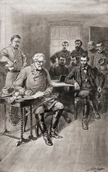 Surrender of Robert E. Lee to General Ulysses S. Grant, Appomattox Court House, Virginia, on April 9