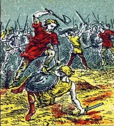 The Battle of Vouille in which Clovis I defeated the Visigoths in 507. Engraving in "Histoire de France". Series of advertising images published on behalf of Louit, circa 1920.