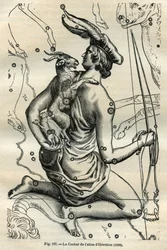 The Coach of the Atlas of Hevelius (1690): The constellation of the Coach, which holds in the right hand a whip and reins and on the left arm the Chevre and two chevrals, is one of the oldest in the Greek sphere. Engraving from Camille Flammarion