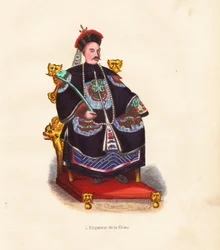 The Emperor of China in embroidered robes and hat with peacock feather seated on his throne. Hand-coloured woodcut by Mercier after an illustration by Pannemaker from Auguste Wahlen