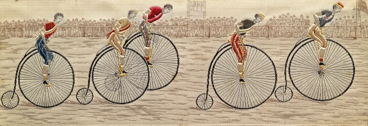 The Last Lap, Penny Farthing Race woven silk Stevengraph, by Thomas Stevens of Coventry