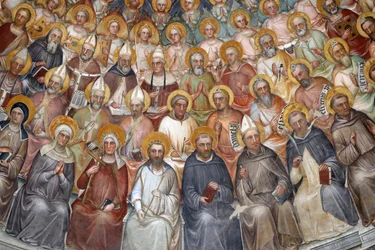 The Padua Baptistery. Ceiling frescoes 14th century by Giusto de Menabuoi. The Paradise. Blessing Christ with patriarchs, prophets and saints. (detail)