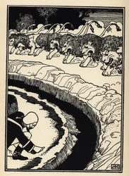 The baron defends himself from the attack of lions by setting fire to gunpowder. Illustration by William Strang and JB Clark from The Adventures of the Baron of Munchausen by Rudolf Erich Raspe