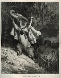 The boot cat calls for help. Engraving by Gustave Dore from 